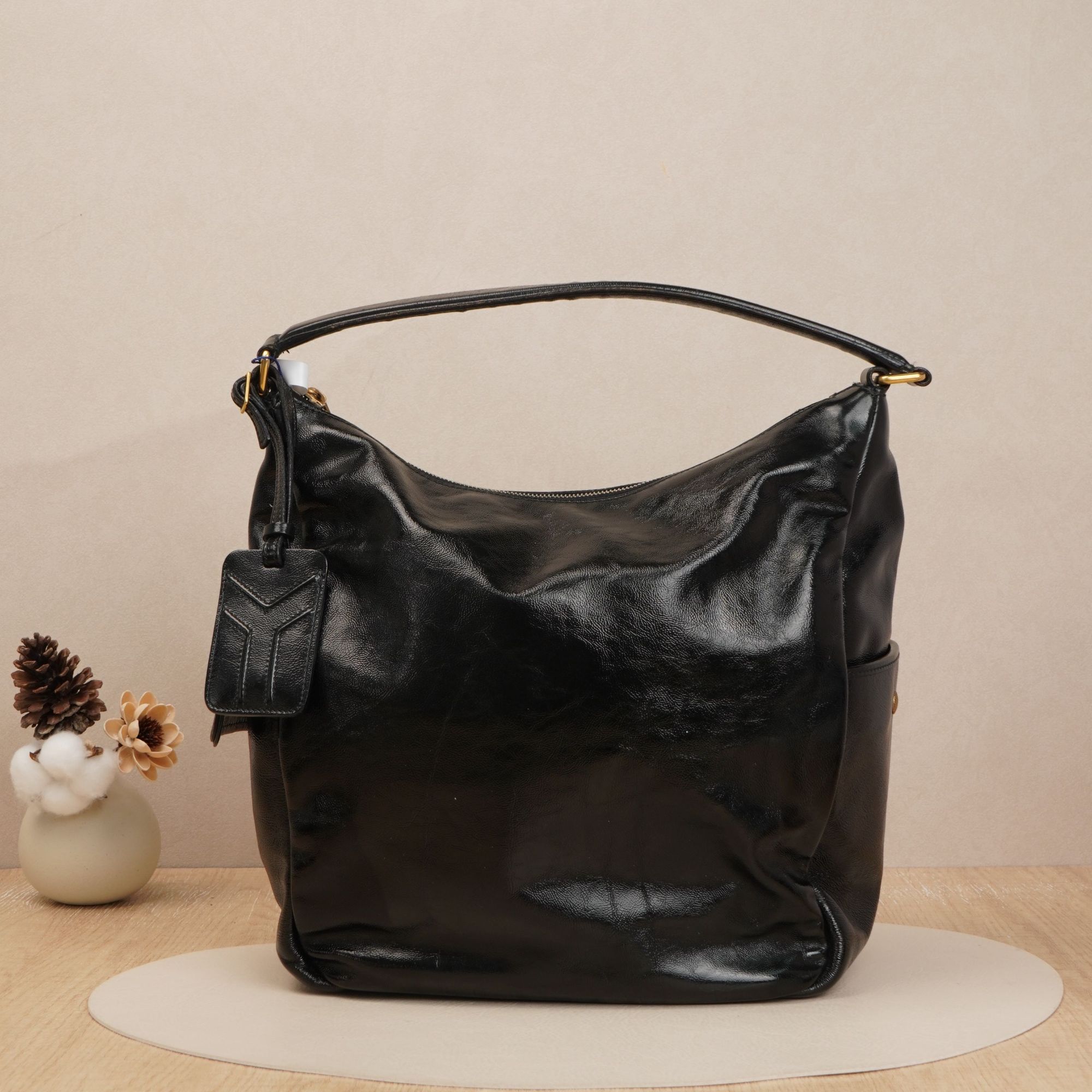 95新 YSL/圣罗兰  圣罗兰黑色中古单肩腋下包漆皮/DS030597
