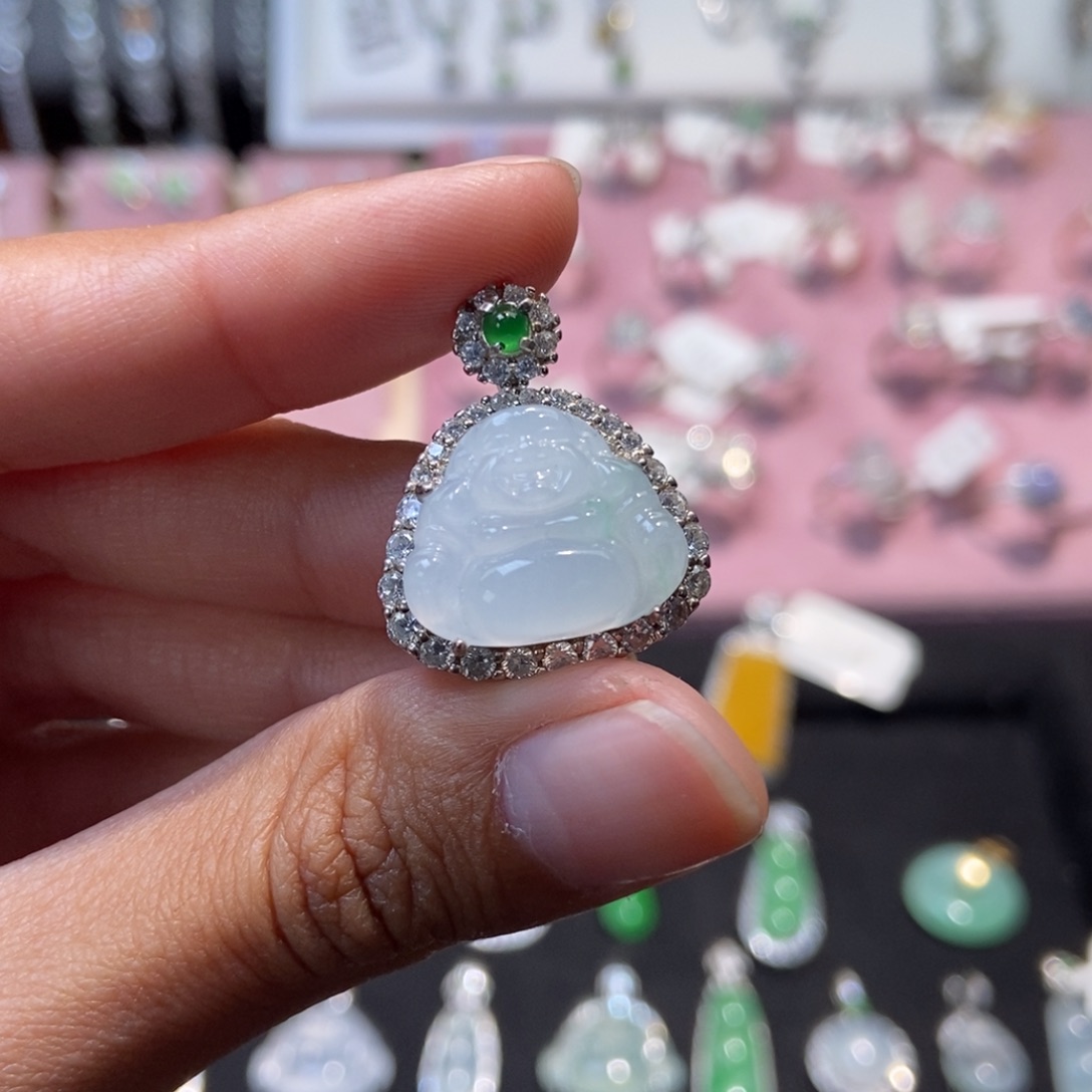 翡翠银S925镶嵌颈饰纯天然缅甸翡翠A货佛公