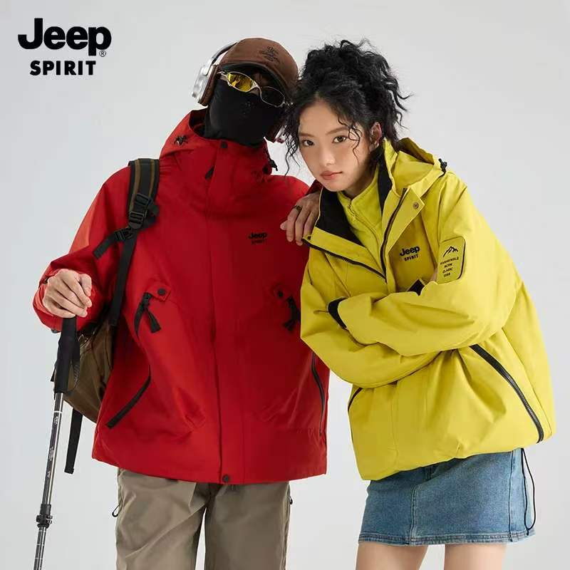 JEEPSPIRIT吉普春秋款男女款户外连帽冲锋衣防风防水外套登山服男