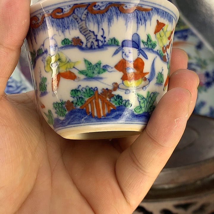 手工艺品钧瓷斗彩婴儿图主人杯