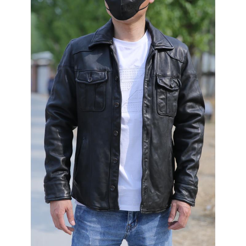 春秋褶皱真皮衬衫男欧美时尚都市重水洗全植鞣绵羊皮衬衫领皮衣