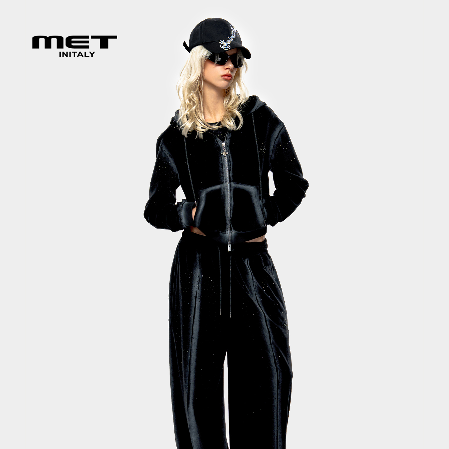 MET initaly麦特复古连帽丝绒拉链外套女2025秋季新款长袖卫衣