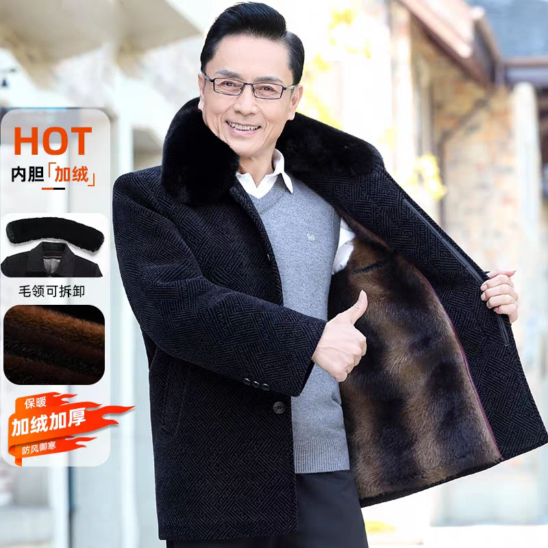 中老年男士冬季毛呢大衣加绒加厚雪尼尔外套男中长款爸爸冬装衣服
