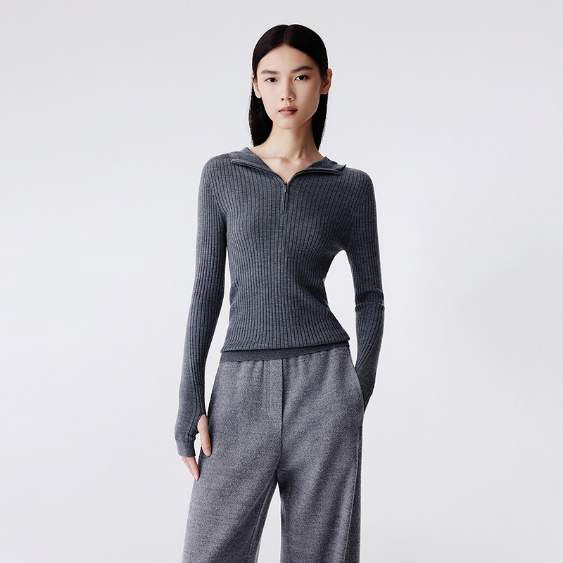 【100%羊毛】LANCY/朗姿2025冬新款气质连帽针织衫百搭拉链毛衣女