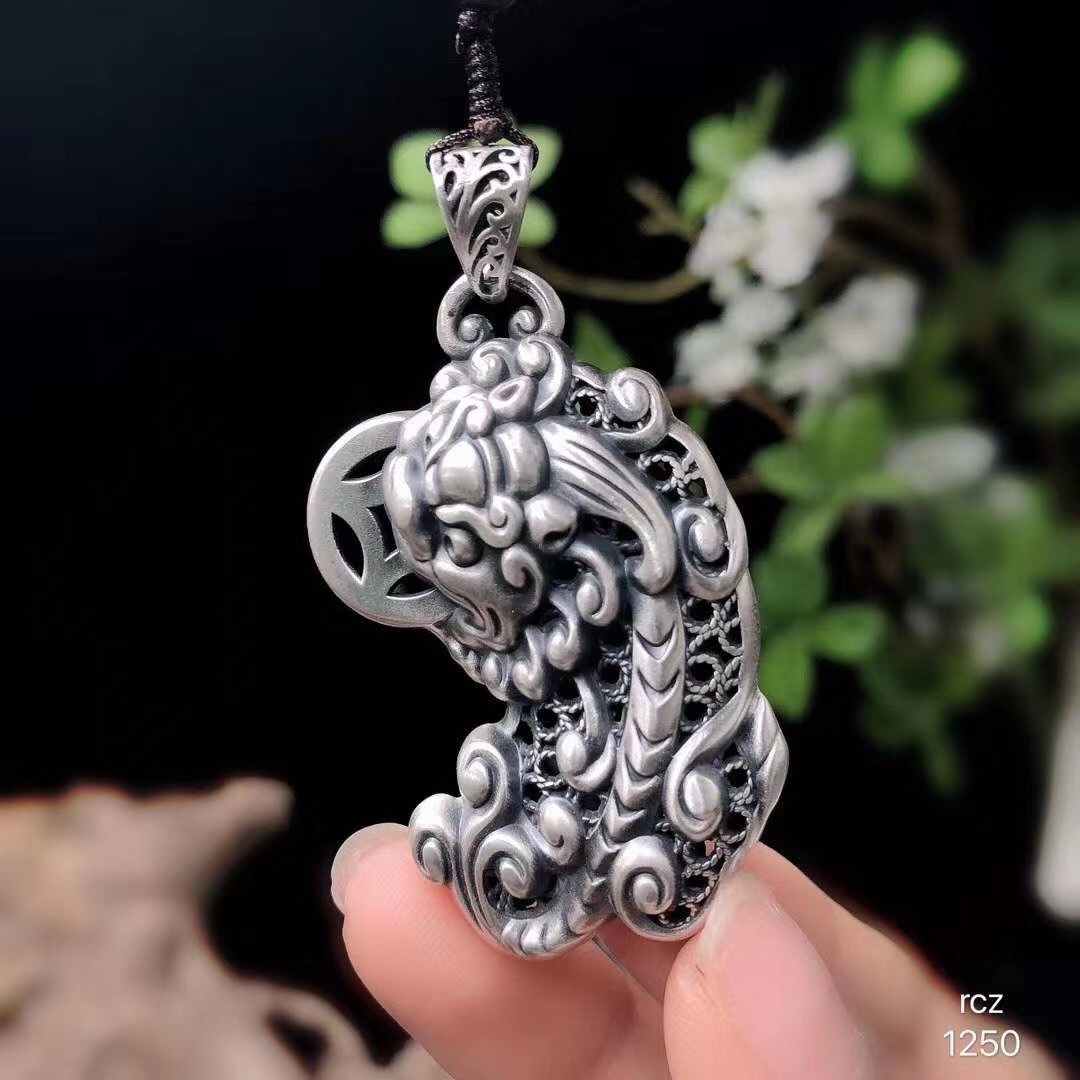 吊坠足银 足银999招财进宝花丝铜钱貔貅吊坠个性复古吊坠不含链