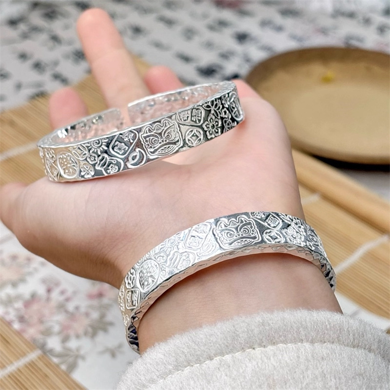 三面吉言银手镯足银999男女实心锤纹纯手工制作纯银手镯