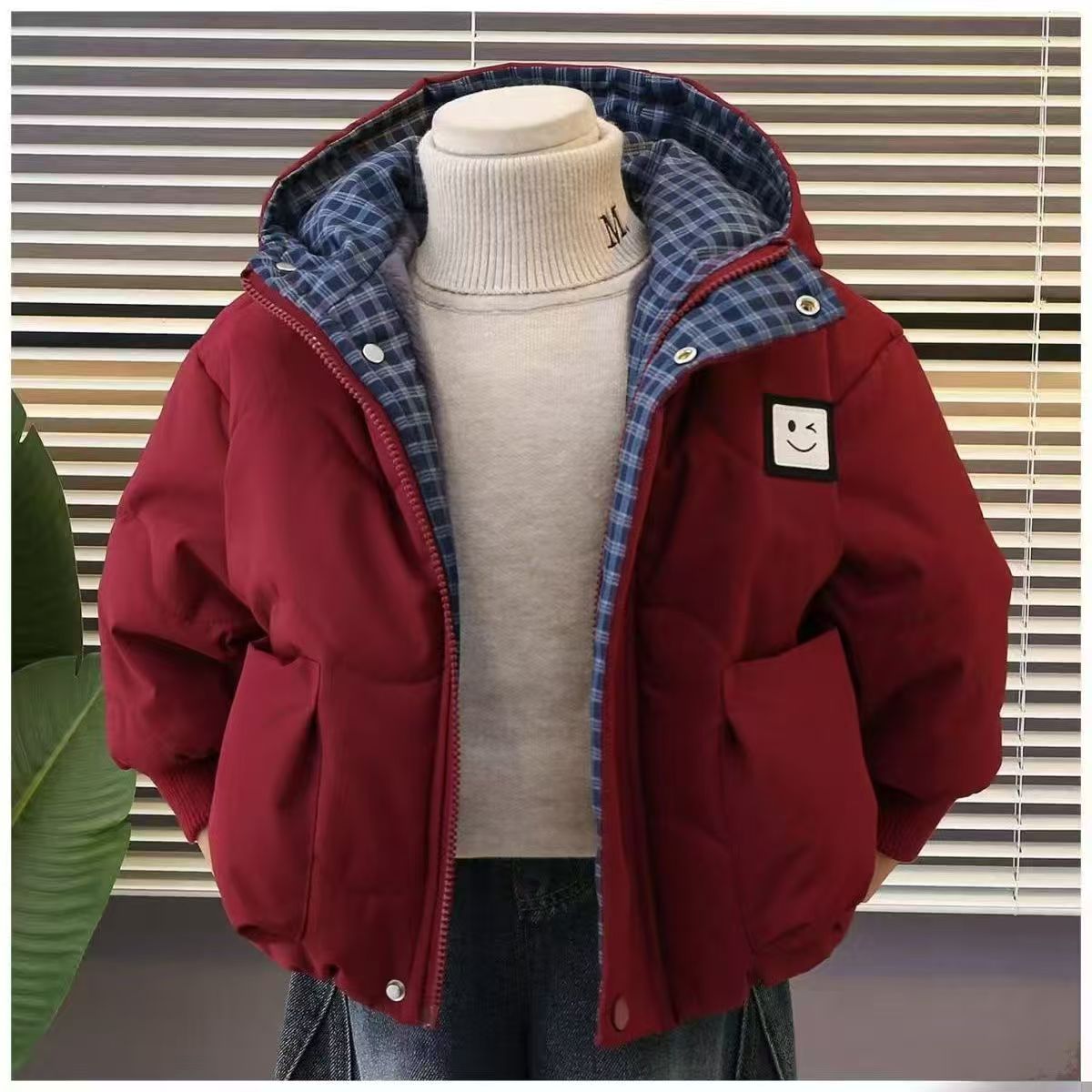 B类笑脸连帽加绒加厚款纯色棉袄棉服小男童派克服冬装小女童棉衣