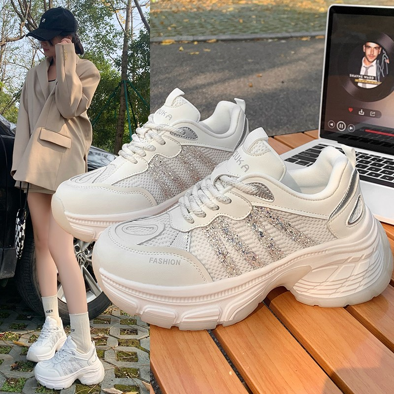 劳诗蒂奴6cm厚底老爹鞋女春季新款透气网面时尚百搭增高休闲女鞋