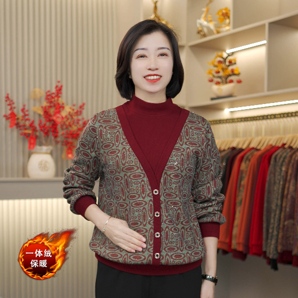 洋气新款时尚风中老年女装冬季加绒保暖减龄气质假两件妈妈装上衣