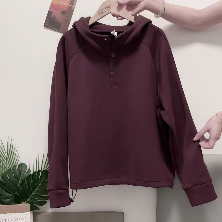 1501外贸单半开领连帽加绒卫衣冬季新款显瘦宽松套头