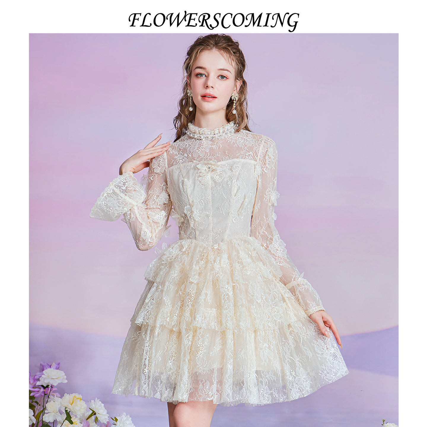 花儿开了2025秋季新款法式立领短款连衣裙女蕾丝重工花朵刺绣裙子