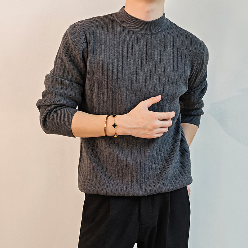 小默  半高领毛衣男条纹绵羊毛针织衫春季百搭宽松设计款打底毛衫