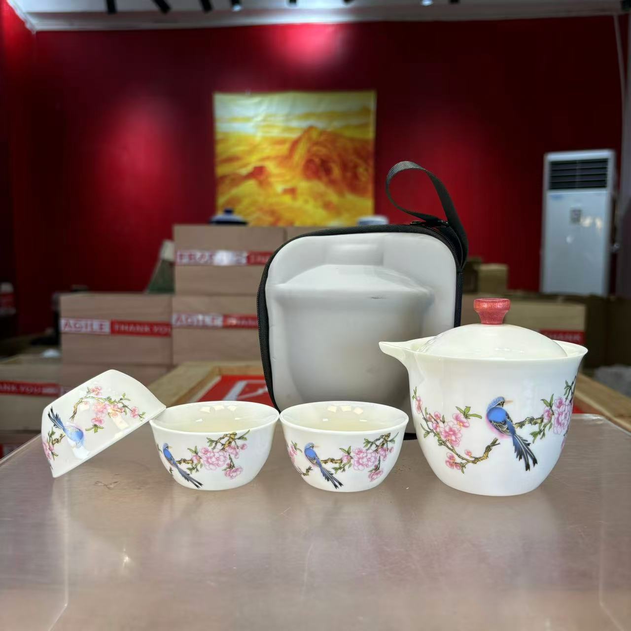 秋香茶具 羊脂玉瓷喜上眉梢旅行茶具户外便携式旅行茶具6333-2401