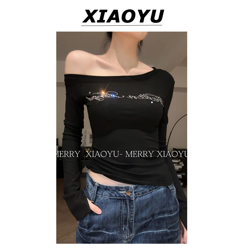 【小鱼】辣妹烫钻设计斜肩修身显瘦长袖T恤女辣妹纯欲风上衣
