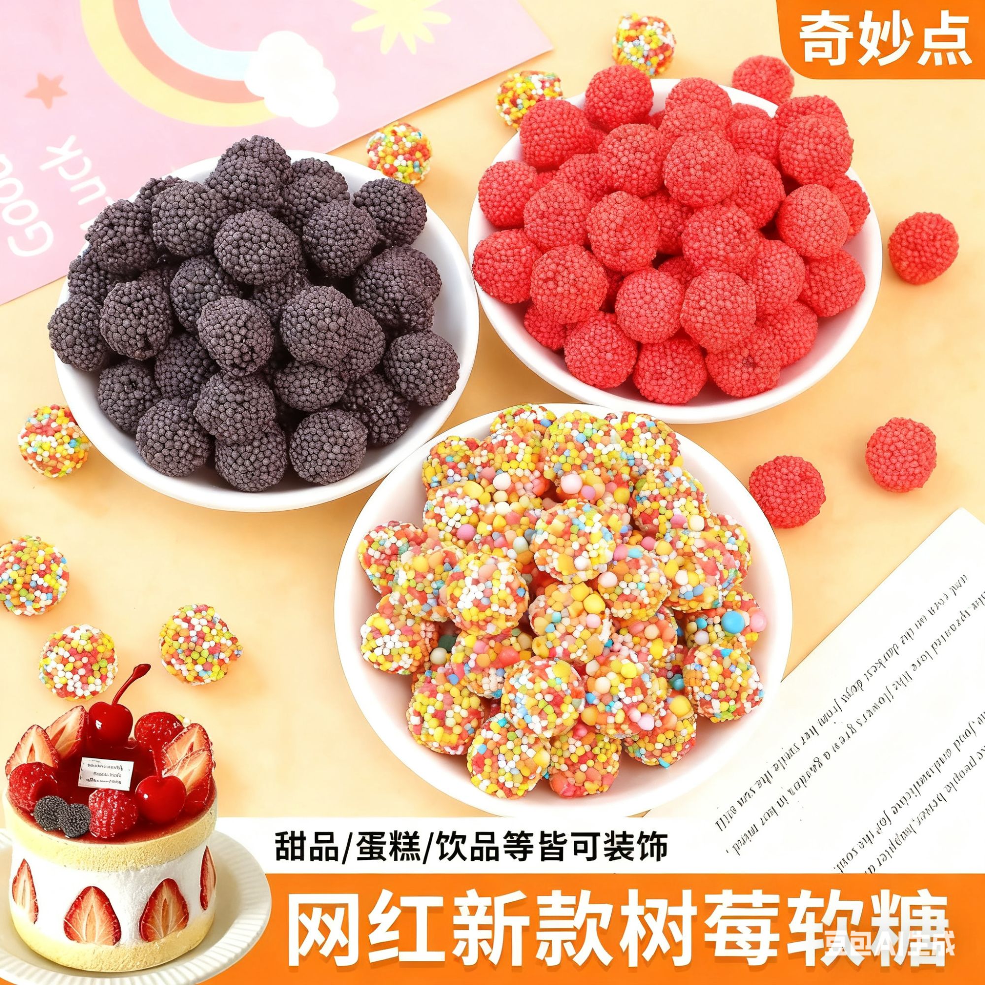 树莓软糖蛋糕装饰点缀红黑色浆果味夹心橡皮糖果儿童生日甜品摆件