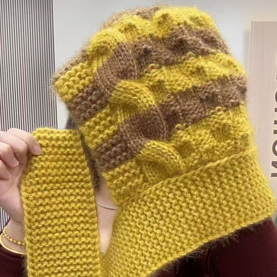 新款棋盘编织风雪帽加厚秋冬帽子松鼠女士纯手工保暖围巾针织一体