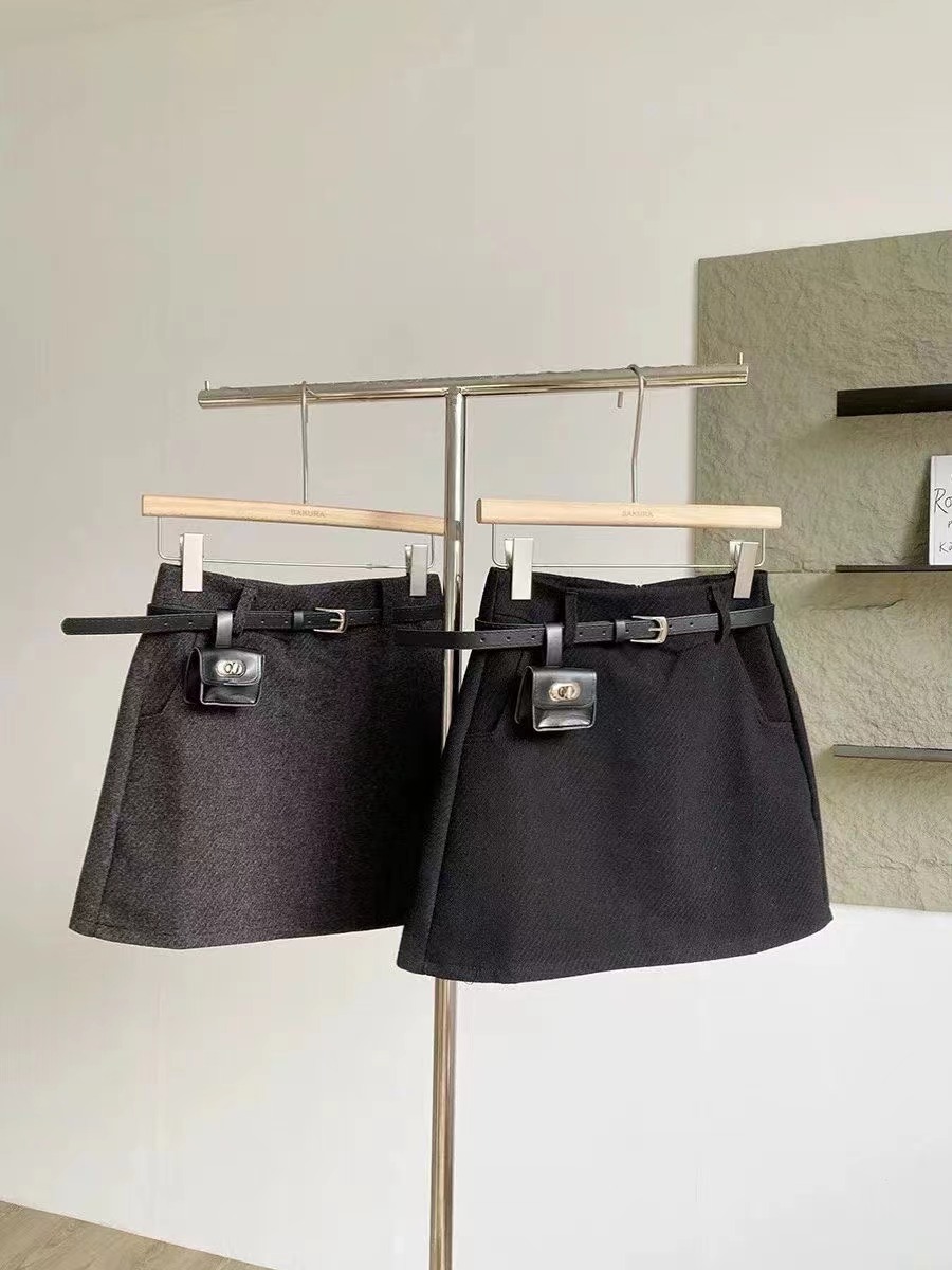 日韩高腰气质A字裙冬款加厚毛呢半身裙配腰包短裙女裙时尚