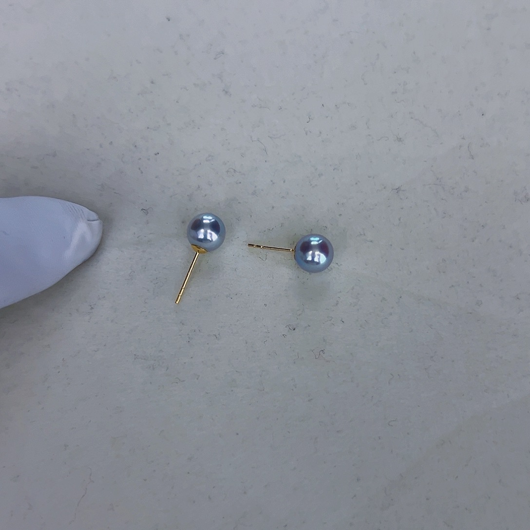 海水珍珠海水akoya真多麻色耳钉7-7.5mm18K金镶嵌