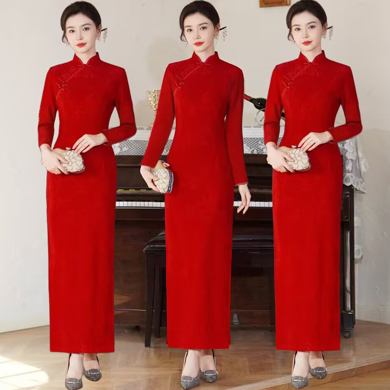 新中式秋冬加厚中国红长袖妈妈装长款旗袍年会舞台走秀演出连衣裙