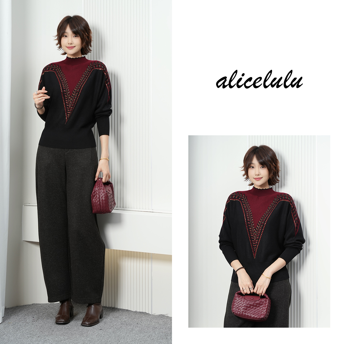 alicelulu 心动信号.百搭针织衫 时尚拼色藏肉显瘦 S2145868U