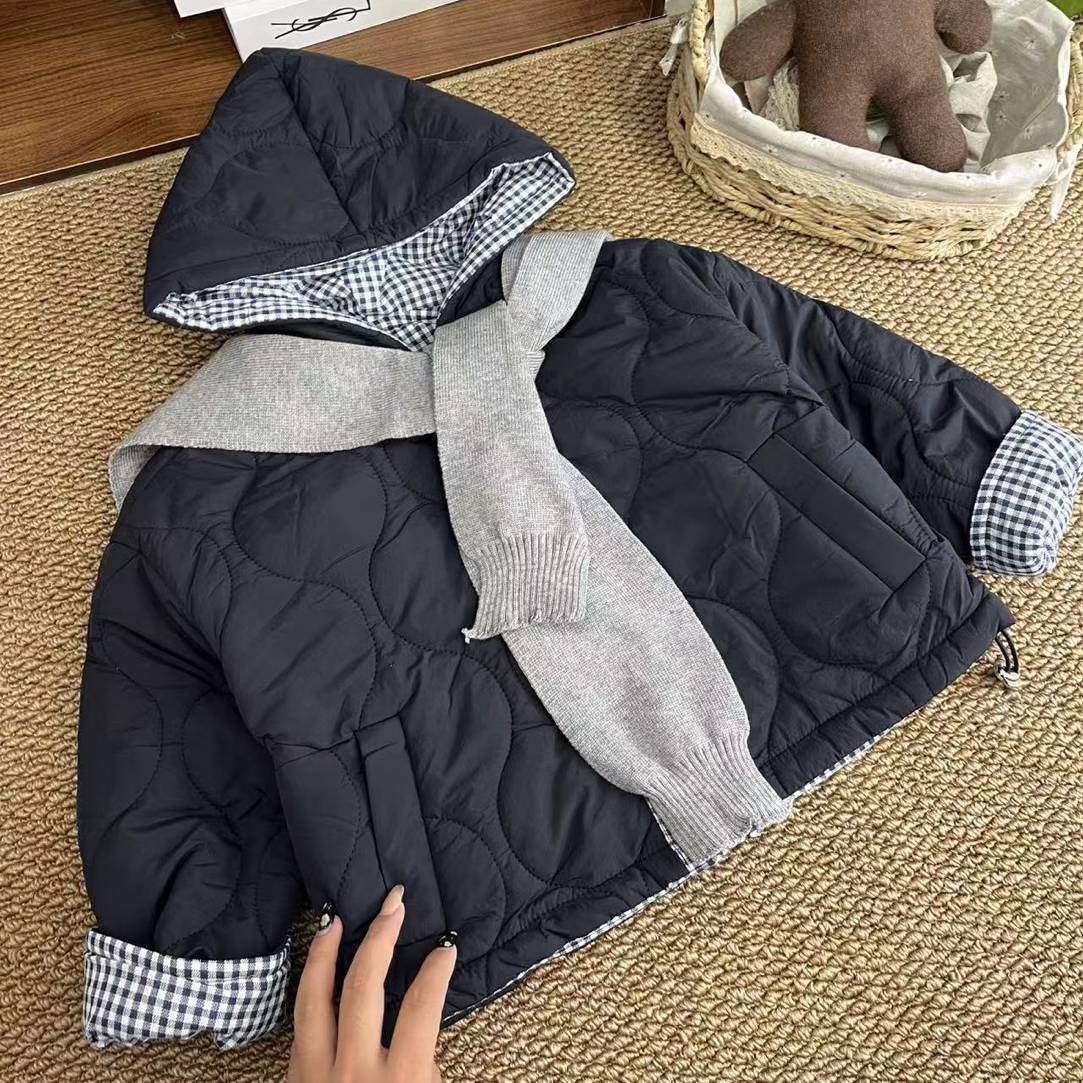 （莱米家）韩版童装休闲风带围巾连帽圆领棉服短款加厚男女童