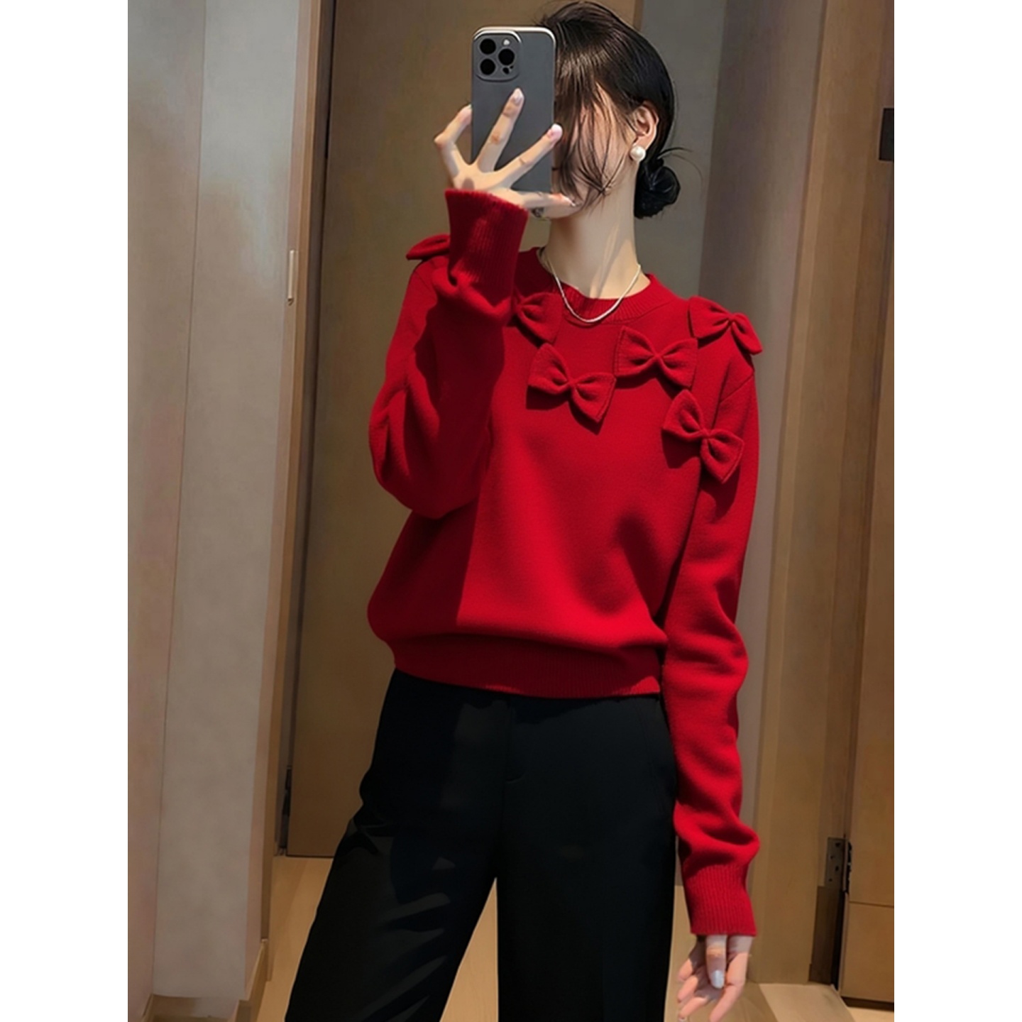 高级感立体蝴蝶结新年红时尚针织衫2025冬季长袖洋气减龄红色上衣