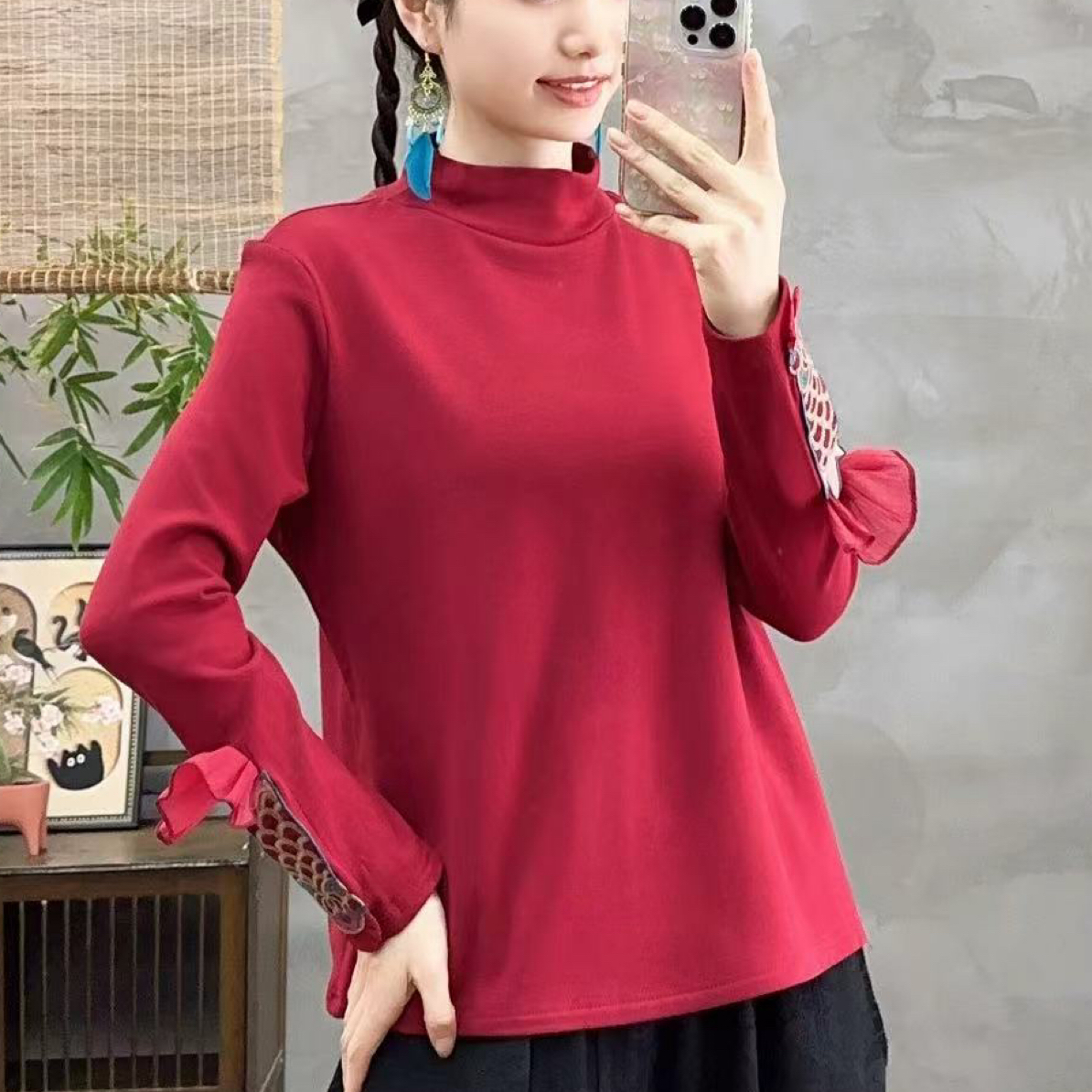 空墨秋冬宽松型长袖蕾丝半高领打底衫加绒纯色气质毛衫