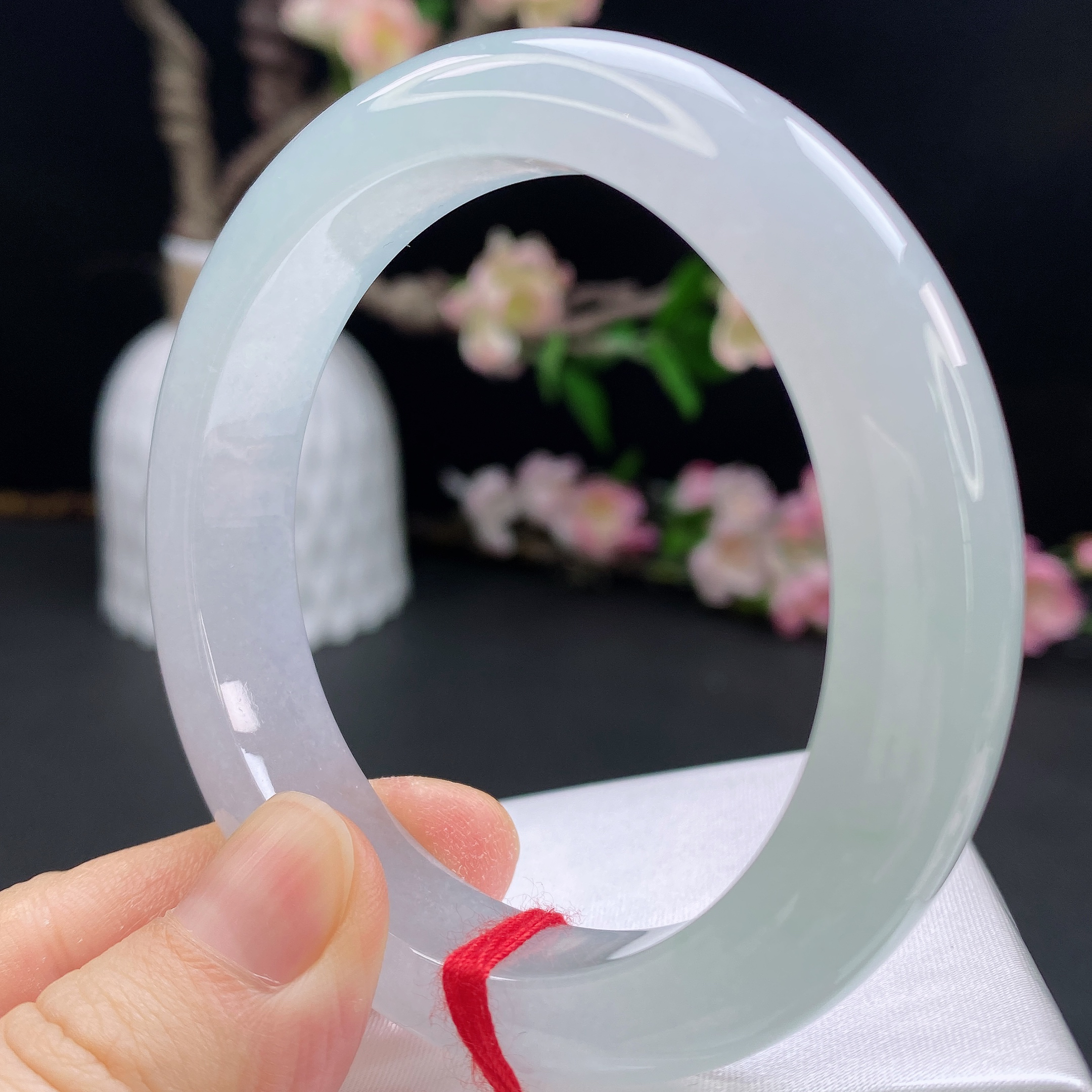 55圈口翡翠冰种透手淡晴底宽边手镯时尚百搭少女妈妈款精美冰透玉