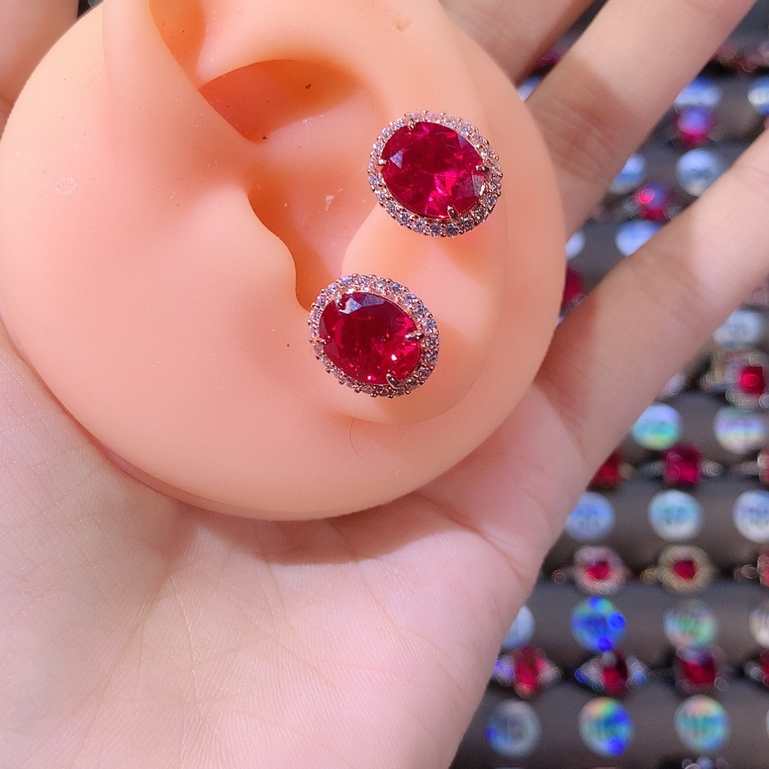 银S925镶嵌耳饰红宝石玫瑰金810