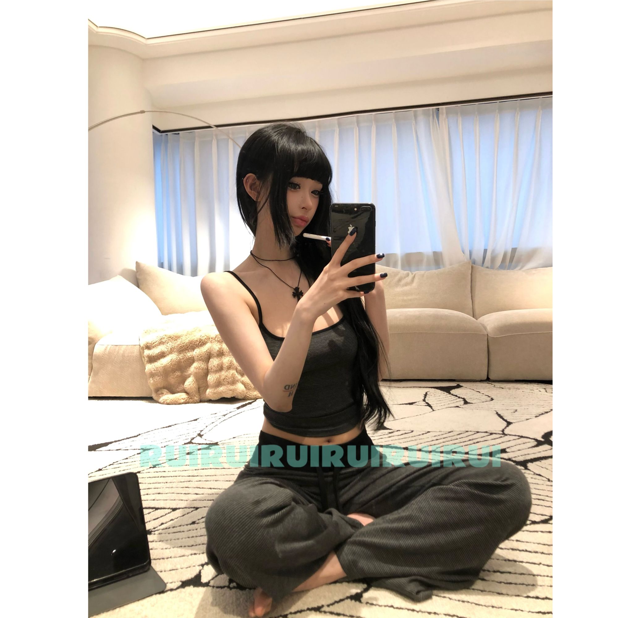 【RUI】美式辣妹春夏新款细条纹背心直筒裤拼接抽绳针织两件套D0030