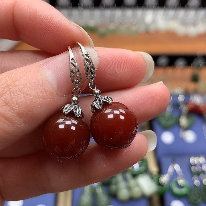 玛瑙/玉髓银S925镶嵌耳环14左右