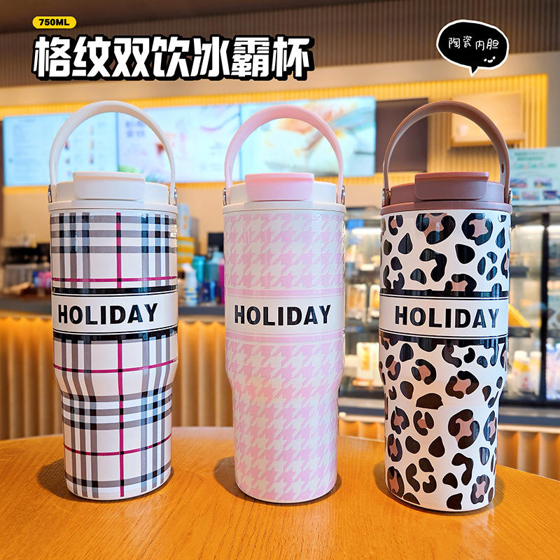 豹纹保温杯大容量水杯女生高颜值吸管冰霸杯子便携手提不锈钢水壶