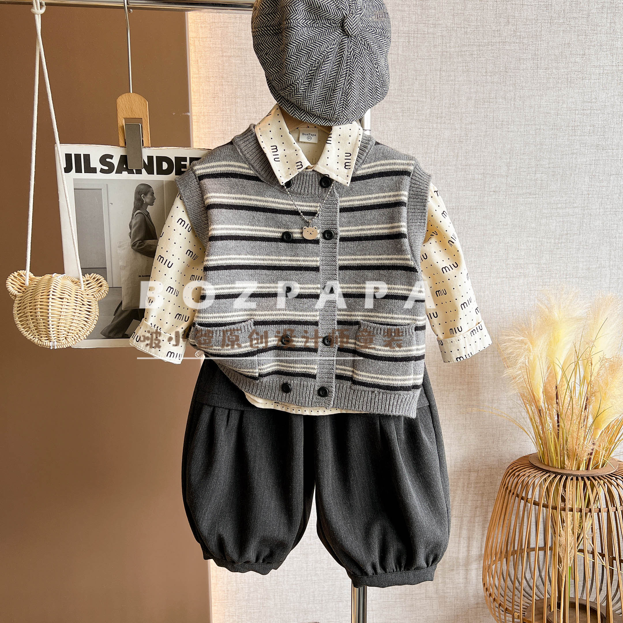 现货【雾隐青屿】2025秋季新款男童韩版双排扣横条纹针织马甲