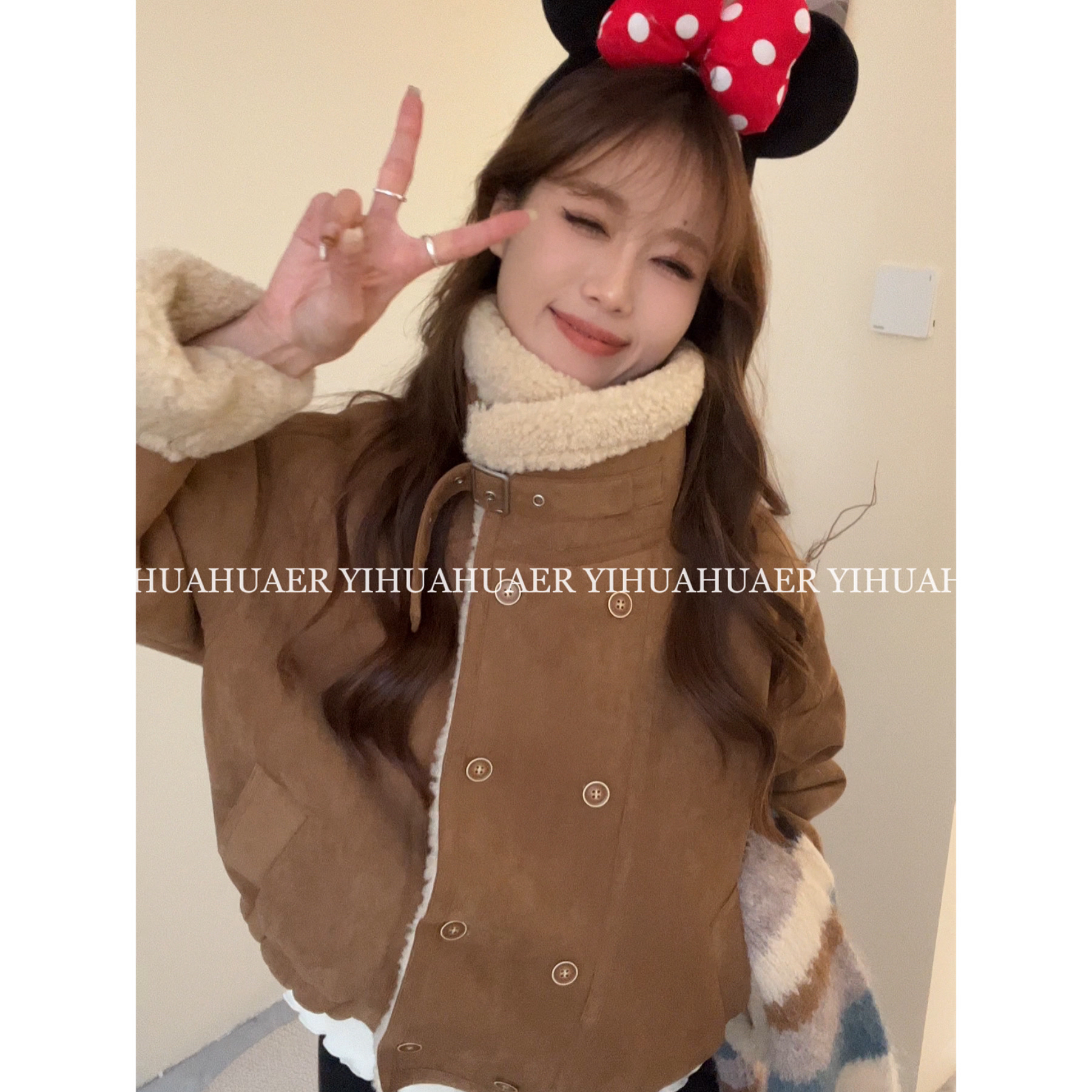 CSF-2073韩国原单【日晒咖红】东大门慵懒翻领隐加厚皮毛一体外套