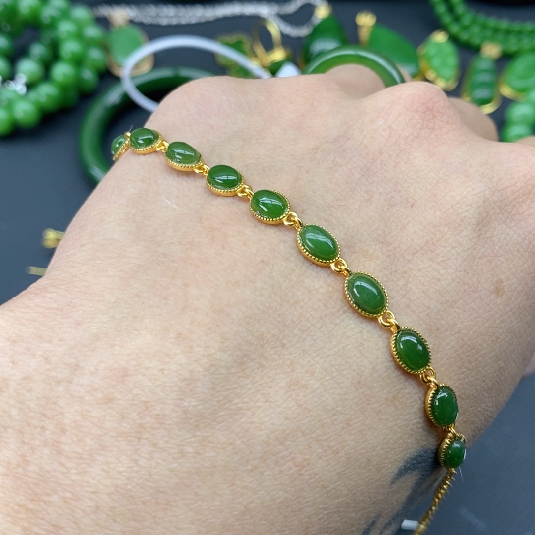 和田玉（碧玉）耳饰银S925镀金镶嵌