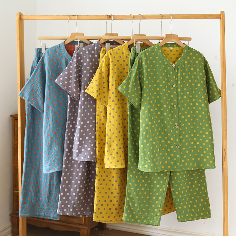 新款全棉双层女士春秋家居服圆领短袖长裤薄款双层睡衣休闲款简约