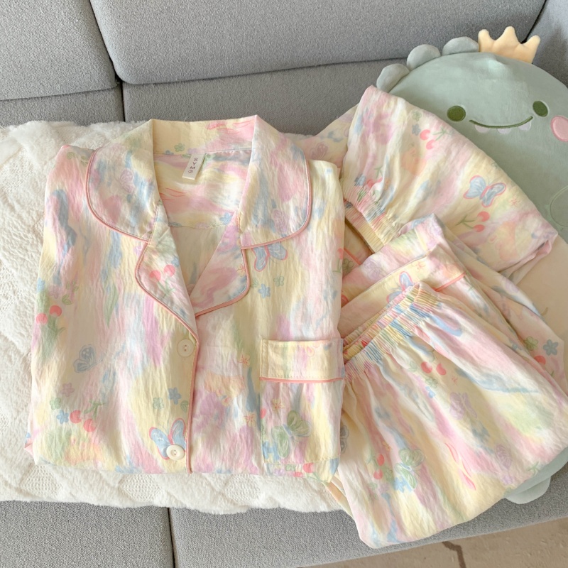 睡衣套装女夏季短袖三件套云朵棉亲肤宽松大码薄款甜美家居服