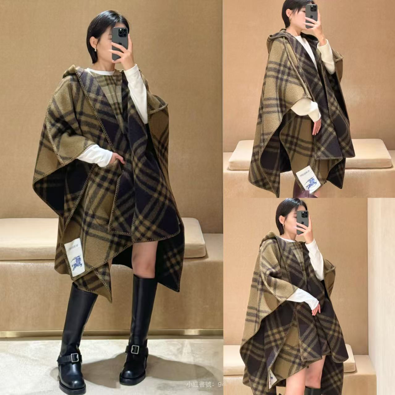 未使用 BURBERRY/博柏利 25秋冬 格纹纯羊毛女连帽厚披肩斗篷