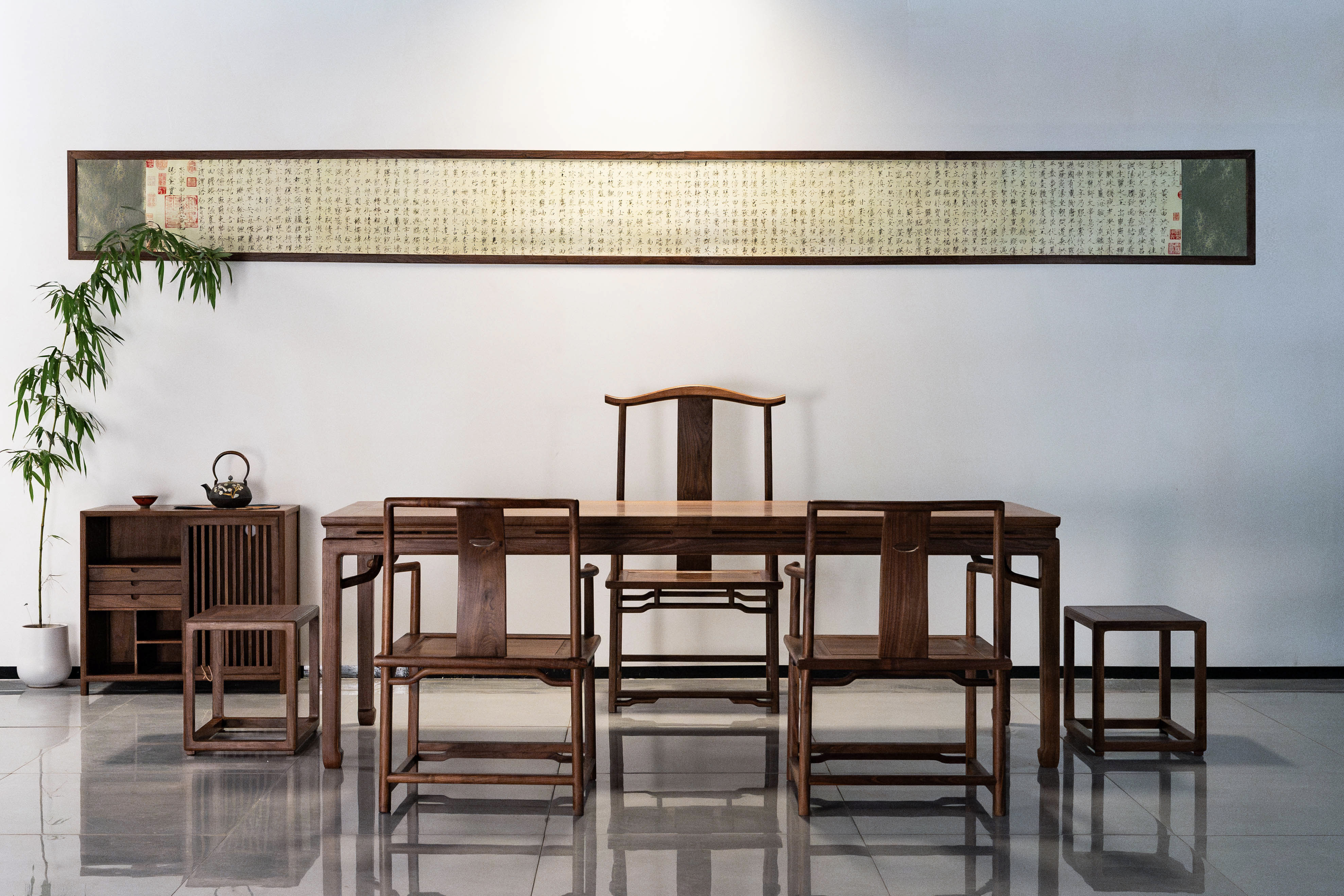  北美黑胡桃220*80开光束腰马蹄桌新中式家用简约禅意茶艺茶餐厅