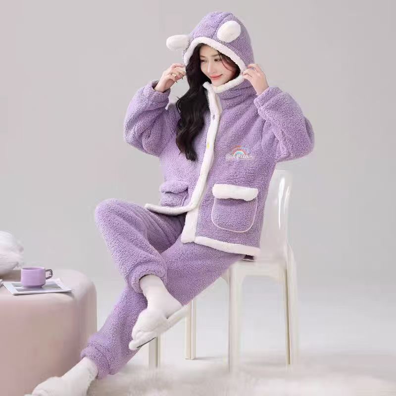 344女装家居服女士连帽加厚加绒保暖甜美套装