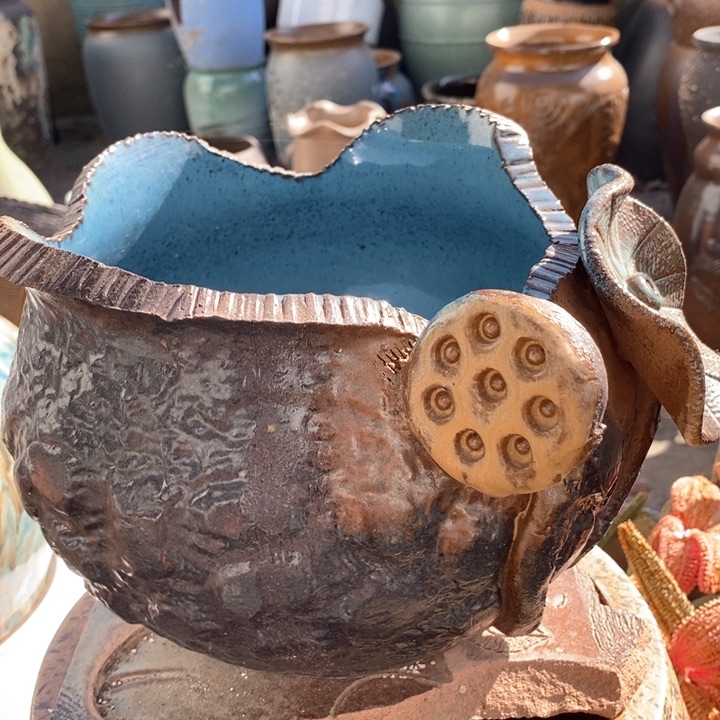 紫砂花盆高18口20手工无孔