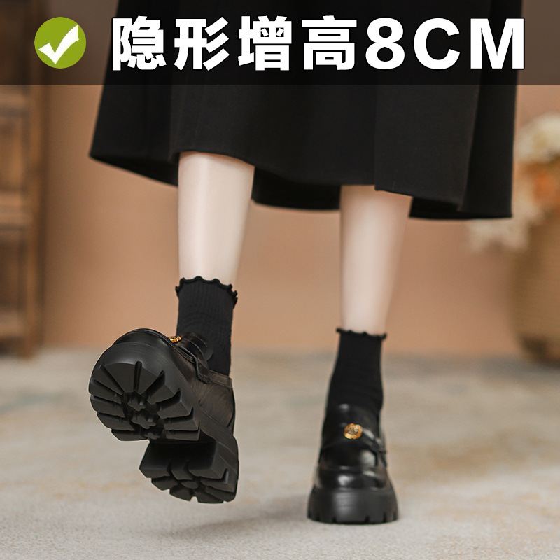 真皮厚底乐福鞋女2025新款春山茶花小皮鞋增高8cm英伦单鞋小码33