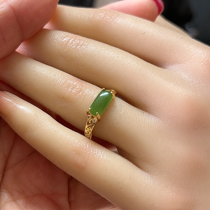 和田玉（碧玉）戒指银S925镀金镶嵌