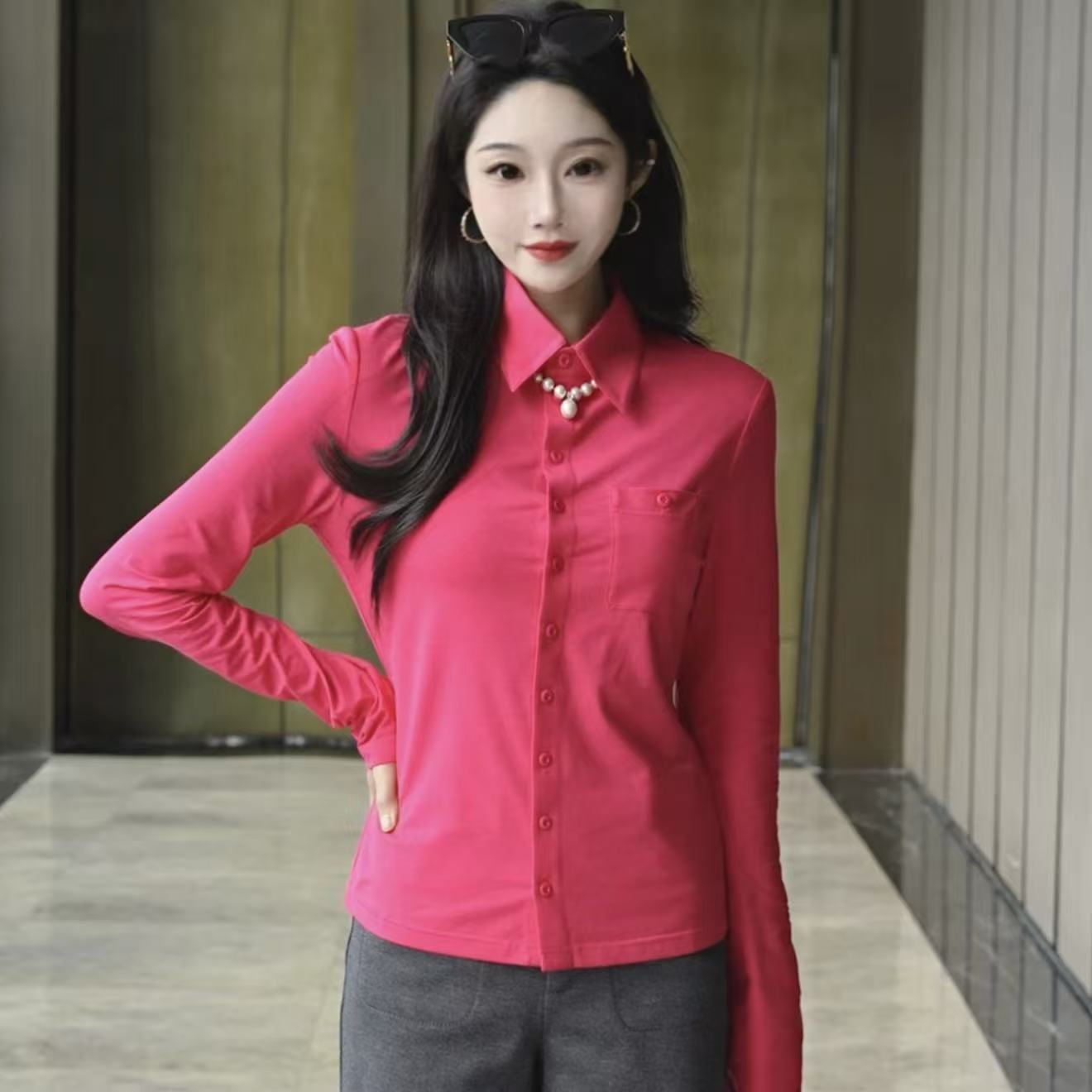 GIRDEAR/哥弟「莓莓」新款衬衣长袖显瘦简约通勤出游服装女1300820