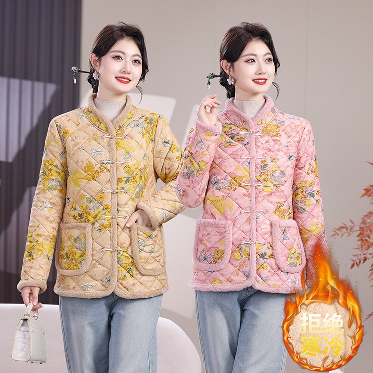 2025新中式国风短款加绒民族风中老年保暖立领加厚棉服妈妈装外套