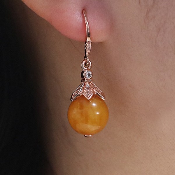 天然蜜蜡珠经11mm左右s925银耳饰新款轻奢气质长款经典优雅中式