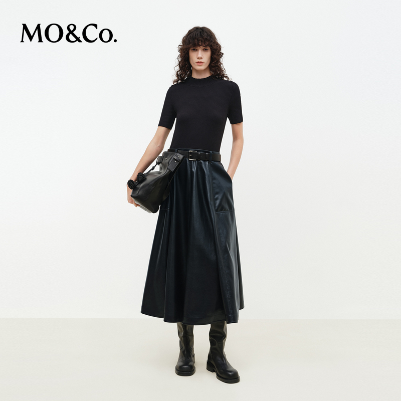 MOCO连衣裙2026春新品假两件针织高腰拼接素皮伞裙黑色MBF1DRS015