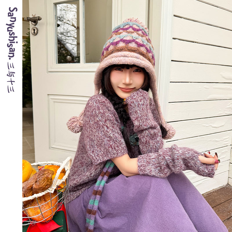 三与十三|噗噗麋鹿|秋季费尔岛毛球系绳复古护耳保暖防风针织帽