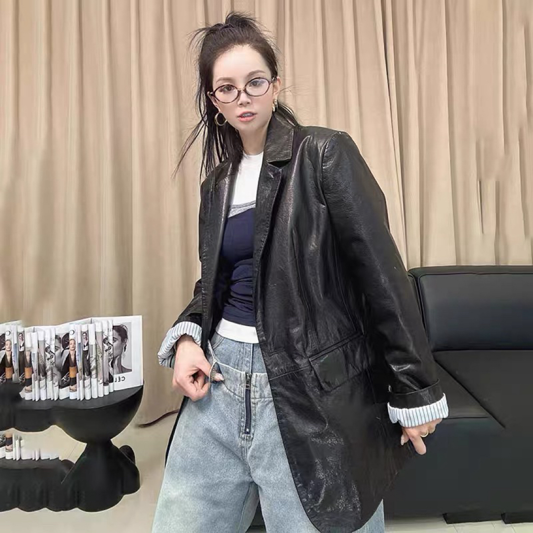 2025新款真皮皮衣女高级感牛皮中长款百搭宽松设计感西装女士外套