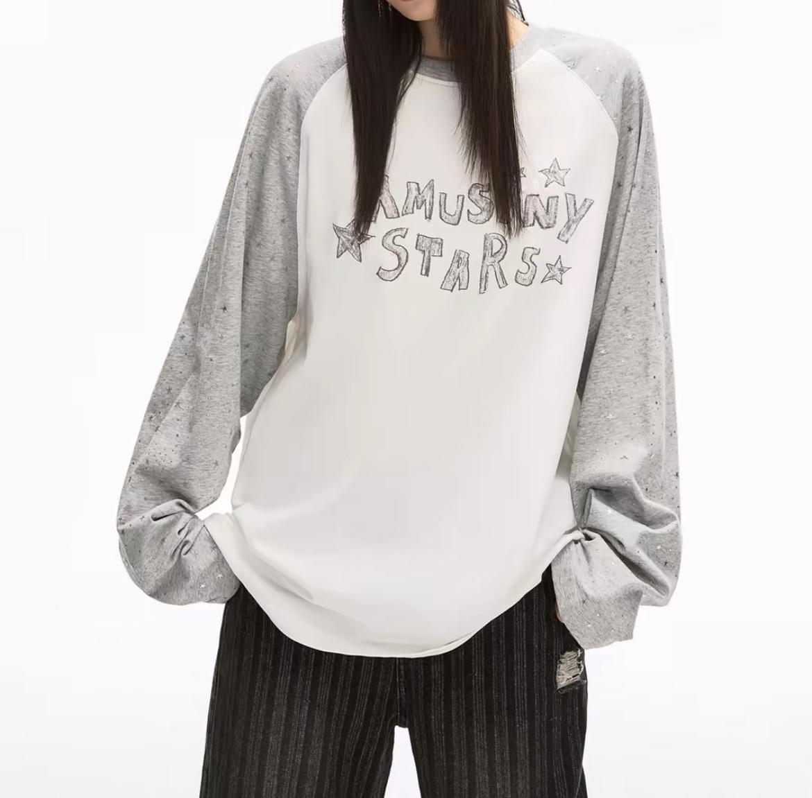 星星烫银字母拼接插肩休闲时尚百搭圆领长袖（5767）